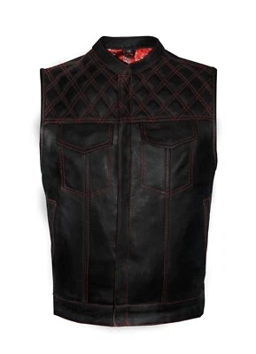Men's Motorcycle Red Stitching Diamond Quilting Red Paisley Liner Leather Vest - Image 1 of 4