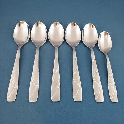 Cambridge Stainless KARA SAND ~ (5) Oval Soup Spoons & (1) Teaspoon ~ Flatware - Image 1 of 4