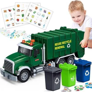 Large Garbage Truck Toy Friction Recycling Truck with Lights Sounds 3 Trash Bin - Picture 1 of 7