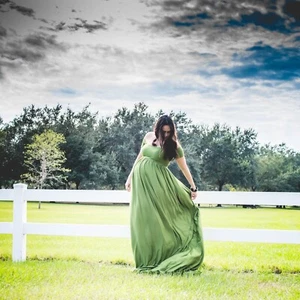 Maternity Photo Shoot Dress Gown Off Shoulder Maxi Photography Green M-L - Picture 1 of 13