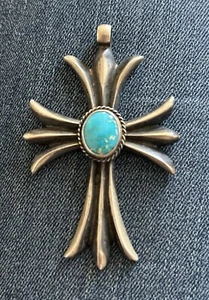 Harrison Bitsue 92.5 mm Pendant Top Turquoise Sterling Silver 925 Cross Navajo - Picture 1 of 19