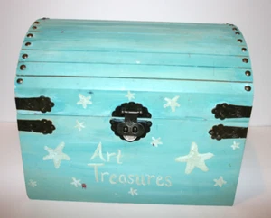 Wooden Hand Painted Art Pirate Treasure Chest Box Metal Hinges Hinged Blue - Picture 1 of 9