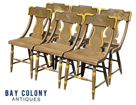 19TH C ANTIQUE SET OF 6 NEW ENGLAND SHERATON FANCY PAINT DINING CHAIRS Cover