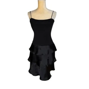 Vintage Black Silk Tiered Ruffle Skirt Spaghetti Strap Sleeveless Dress Size 4 - Picture 1 of 11