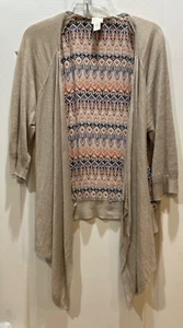 Chico's Women's Open Front Lightweight Sweater Top Size 2 Beige Print Panel 135 - Picture 1 of 8