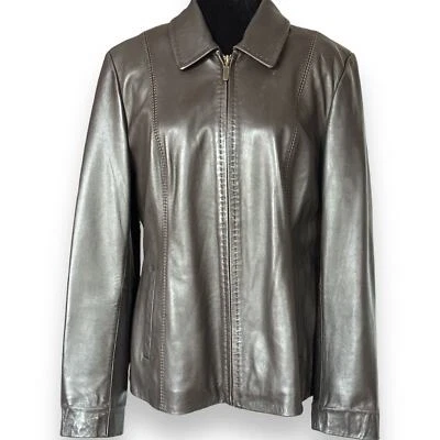 ALFANI Womens Leather Jacket Size Large Brown 100% Leather Full Zip  - Image 1 of 4