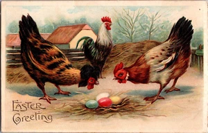 Cartolina Auguri Pasqua Gallo Galline Uova Divise Indietro Non Spedita Alfred Schulze - Foto 1 di 3