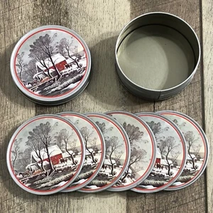 Red Barn Bridge Set of 6 Drink Coasters in Original Tin Corked Backed - Picture 1 of 11