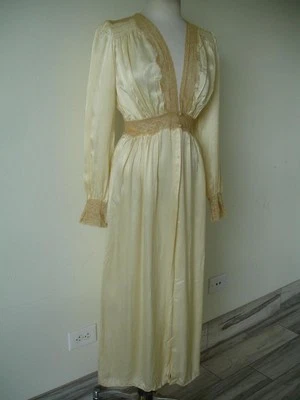 Women's S M Vtg 1920's Victorian Night Robe Satin Lace Nightgown House Evening - Image 1 of 4