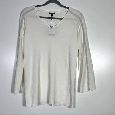 Lafayette 148 NY Cotton/Silk V Neck Sweater with Sequin Sparkle Trim Small NWT - Image 1 of 4