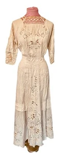Antique Edwardian Linen Tea Lawn Dress Hand Embroidered Cut Lace Bridal Vintage - Picture 1 of 13