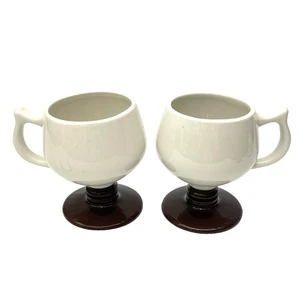 Vintage 1970s Hall Pottery #2274Made in USA Brown Pedestal White Mugs  Set Of 2 - Picture 1 of 10