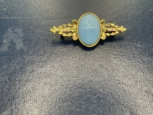 Vintage 1928 goldfarbene blaue Mondstein Cabochon & blaue AB Strass Brosche - Bild 1 von 4