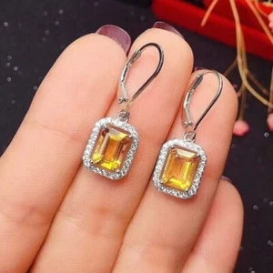 2.90Ct Emerald Natural Citrine 14K White Gold Plated 925 Drop /Dangle Earrings - Picture 1 of 4