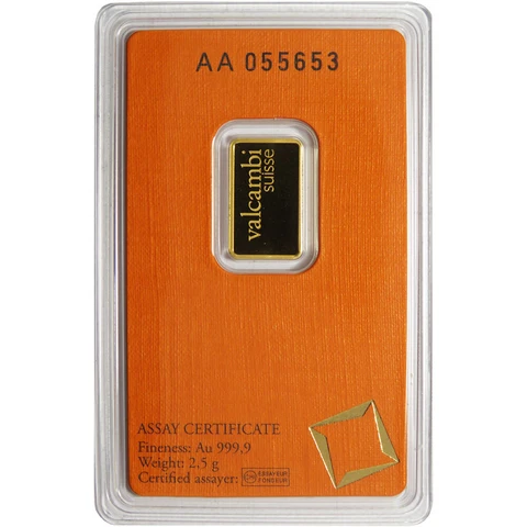 2.5 Gram Valcambi .9999 Fine Gold Bar in Assay Cover