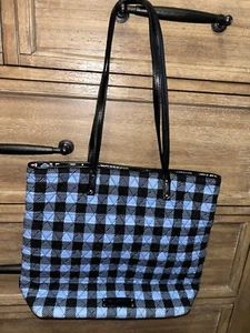 Vera Bradley Alpine Check Tote Bag Quilted Blue Black Print w/Floral Lining Faux - Picture 1 of 5