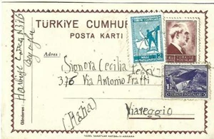 1945 TURKEY POSTAL STATIONERY CARD COVER FROM BEYOGLU CONSTANTINOPLE TO ITALY. - Picture 1 of 2
