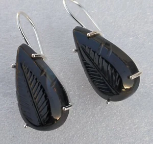 Natural Carved Black Onyx Dangle 925 Sterling Silver Earring / Anniversary Gift  - Picture 1 of 2