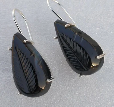 Orecchini pendenti in argento sterling 925 con onice nera intagliata naturale... - Immagine 1 di 2