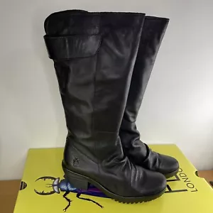 Fly London Mousse Women’s EUR 41 UK 8 Leather Boots Black Zip New Knee High - Picture 1 of 22