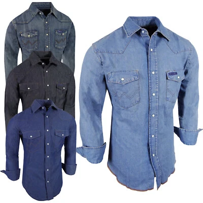 Denim Western Shirt Mens Blue Wash Cotton Snap Pocket Flaps Contrast Stitching - Image 1 of 4