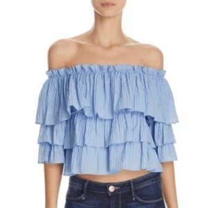 Aqua Women's Sky Blue Rayon/Nylon Off the Shoulder Cropped Ruffle Shirt - Picture 1 of 7