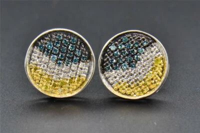 Серьги-гвоздики с синими, желтыми и белыми бриллиантами серебро 925 пробы круглой огранки 0,20 карата - Изображение 1 из 4