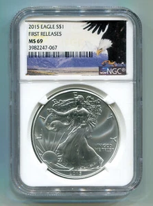 2015 AMERICAN SILVER EAGLE NGC MS69 EARLY RELEASES LABEL EAGLE LABEL NICE COIN - Foto 1 di 2