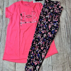 Under Armour Youth Large (14/16) Pink Black Crop Legging Outfit Set NEW - Picture 1 of 1