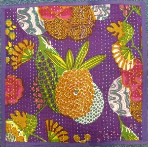 Indien Floral Print Kantha Stitch-work Square Cushion Cover 16" x 16" - Purple - Picture 1 of 1