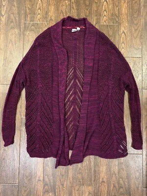 WOMENS ROXY TAKE STOCK LONG OPEN WEAVE BOHO PURPLE MAROON CARDIGAN SWEATER MED - Image 1 of 4