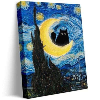 P&L ART Vincent Van Gogh Canvas Wall Art Starry Night Cat Art Print Oil Paintings Decor