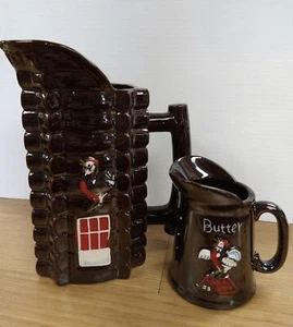 2 Vtg MCM 1950s Redware Brown Luster Rooster Pitchers, One Butter - Picture 1 of 6