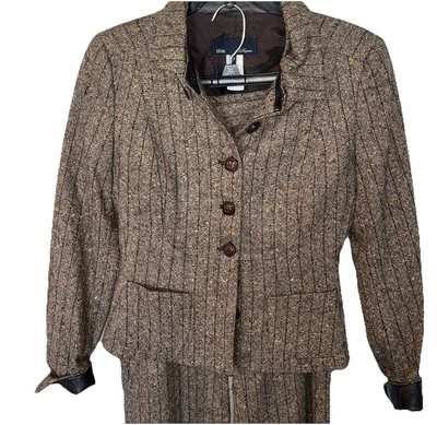 Blue LES COPAINS Womens Tweed Wool Blend Italy Pant Suit Leather Buttons/Cuffs - Image 1 of 4