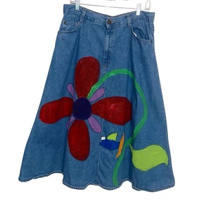 Hunt Club Denim Skirt Womens 32” Waist Vintage Floral Boho Pockets Hippie Artsy - Picture 1 of 13