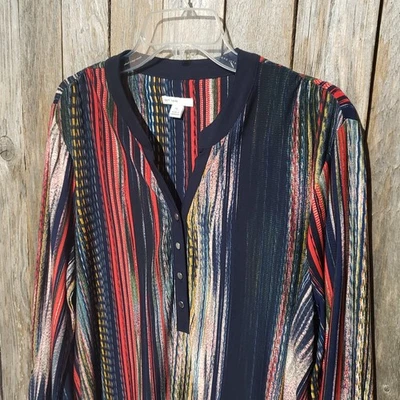 Top túnica para mujer Cato XL azul a rayas Henley tejido elástico cuello en V manga 3/4 Foto 1 de 4