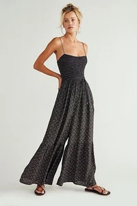 Free People wide leg black floral ruched jumpsuit size S - Picture 1 of 15