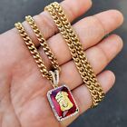 Hip Hop Iced Gold Plated Brass Red Gemstone Jesus Charm & Cuban Chain Necklace