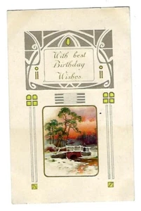 Postal de felicitación de cumpleaños de 1907 escena de invierno, puente sobre arroyo en relieve - Imagen 1 de 2