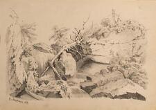 O. von Mayrshauser Landschaft Bach Wald Original Bleistiftzeichnung 1859