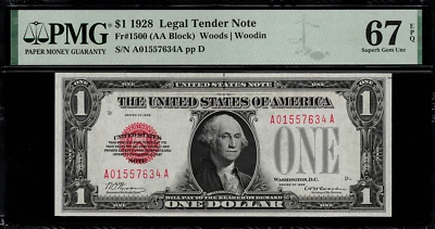 1928 $1 Legal Tender FR-1500 - Red Seal - PMG 67 EPQ - Superb Gem Uncirculated - Image 1 of 2