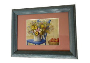 Grand-mère vintage imprimé art signé Nancy Rae 6,25 x 8,25 pouces cadre bleu fleurs sur chaise imprimé