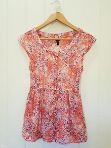 TOPSHOP Cotton Babydoll Button Blouse Short Cap Sleeves Boho Pink Floral Size 10 - Picture 1 of 14