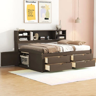 Full Size Wood Daybed w/Built-in Side Cabinets, Bookshelves, 4 Storage Drawers - Image 1 of 4