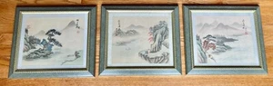 3 Chinese watercolour pictures on silk framed with red seal mark and signed - Picture 1 of 8