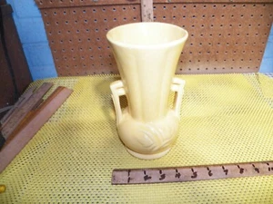 Vintage McCOY Yellow Double Handled Embossed Tulip Motif 8.5" Vase - Picture 1 of 6