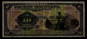 BOLIVIA(1) BANK NOTE  10 BOLIVIANOS  11.5.1911(1929)   P 114  VERY FINE - Picture 1 of 2