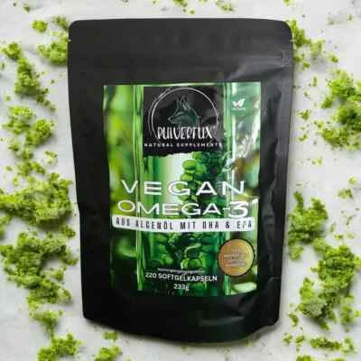 Vegane Omega-3 Kapseln 550mg EPA+DHA Algenöl 220 Stück Pulverfux® ⭐ NEU !⭐