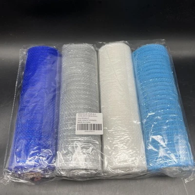 Deco Mesh Metallic Foil Poly Mesh Ribbon 4 Rolls 10 Inch x 30 feet Ea Blue Silve - Image 1 of 4
