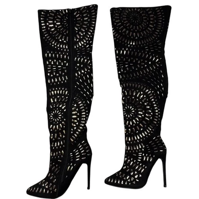 Botas Viga Fiore 7.5 Negro Gamuza Dorado Corte Láser Stiletto Sobre la Rodilla Foto 1 de 4